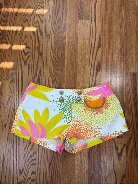 MILLY Bright Floral Dot Print 2" Shortie Shorts - White, Yellow & Pink (6)